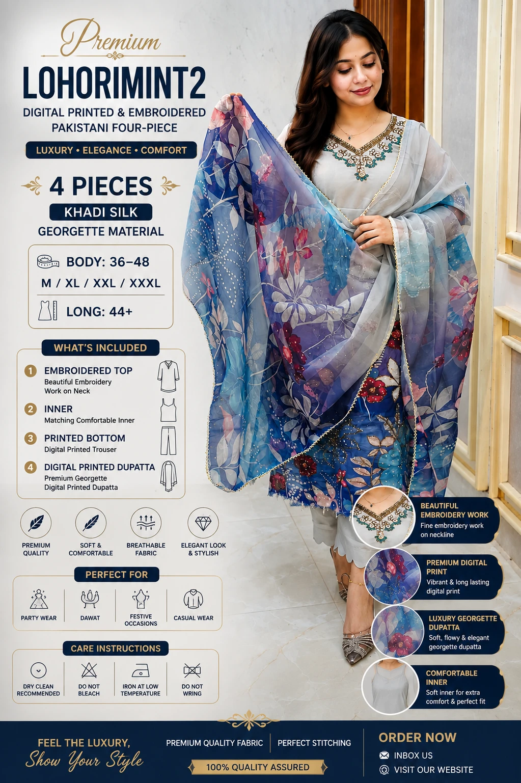 Premium  LOHORIMINT2  DIGITAL PRINTED & EMBROIDERED  PAKISTANI FOUR-PIECE